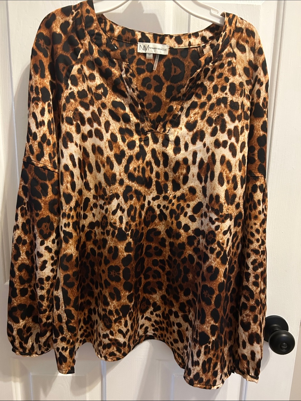 Neiman Marcus Leopard Print V-Neck Blouse - Brown/Black/Cream